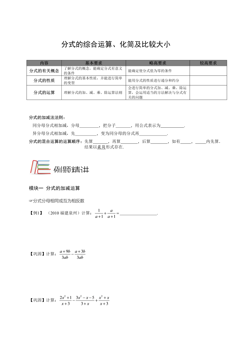 初中数学.分式混合运算、化简及比较大小.第15讲.学生版