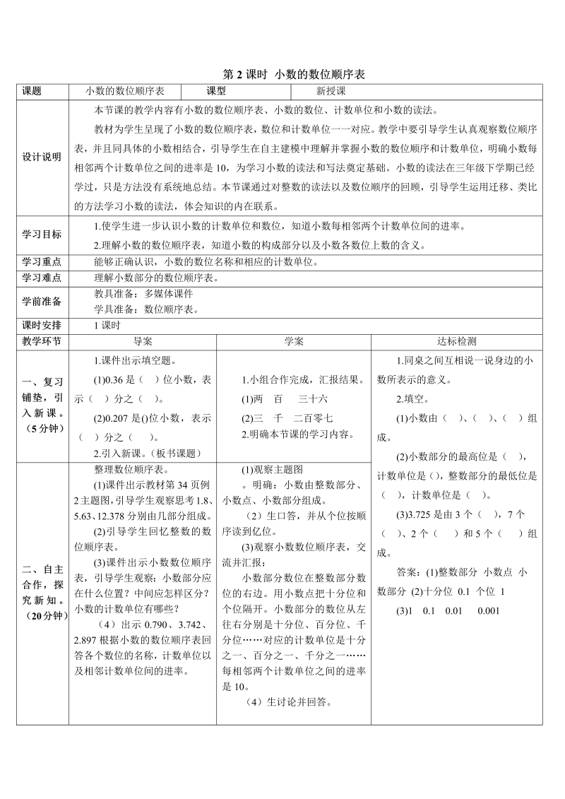 4年级数学下 第2课时 小数的数位顺序表