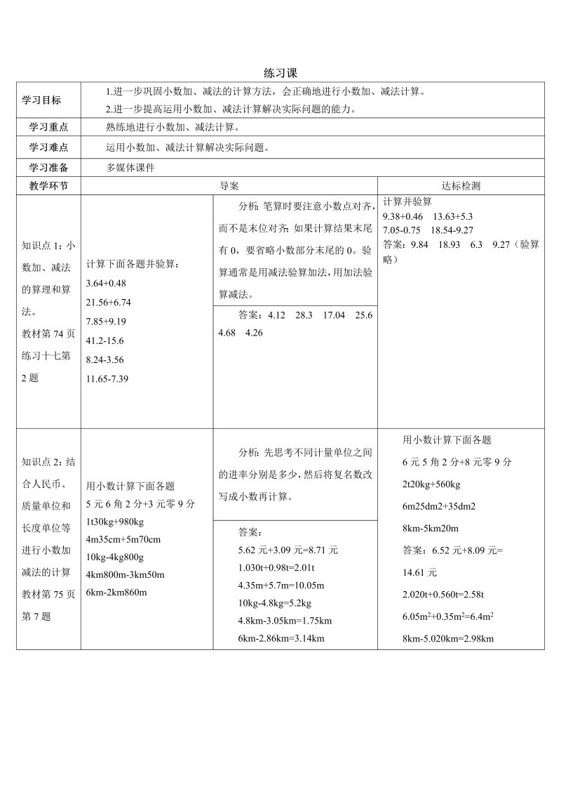 4年级数学下 练习课（1-2课时）