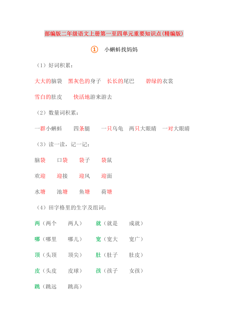 人教小学语文2上 第1-4单元重要知识点(精编版)