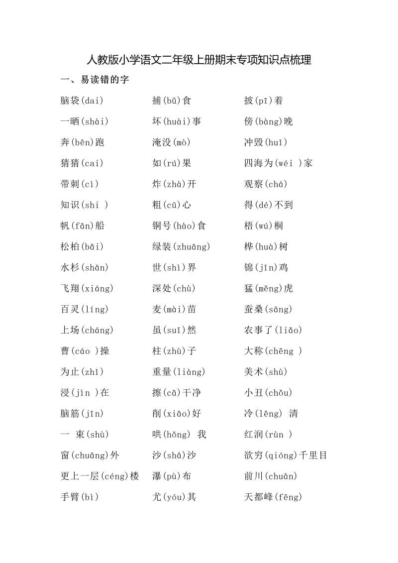 人教小学语文2上 期末专项知识点梳理