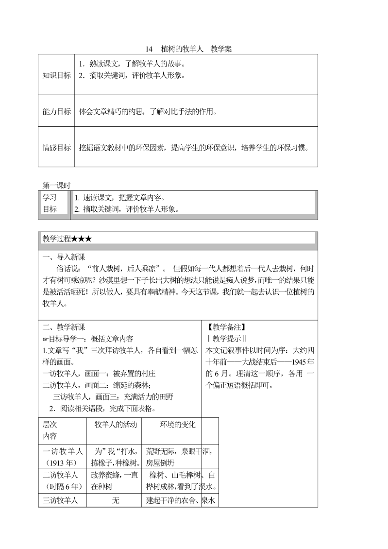 七年级14 植树的牧羊人 教学案