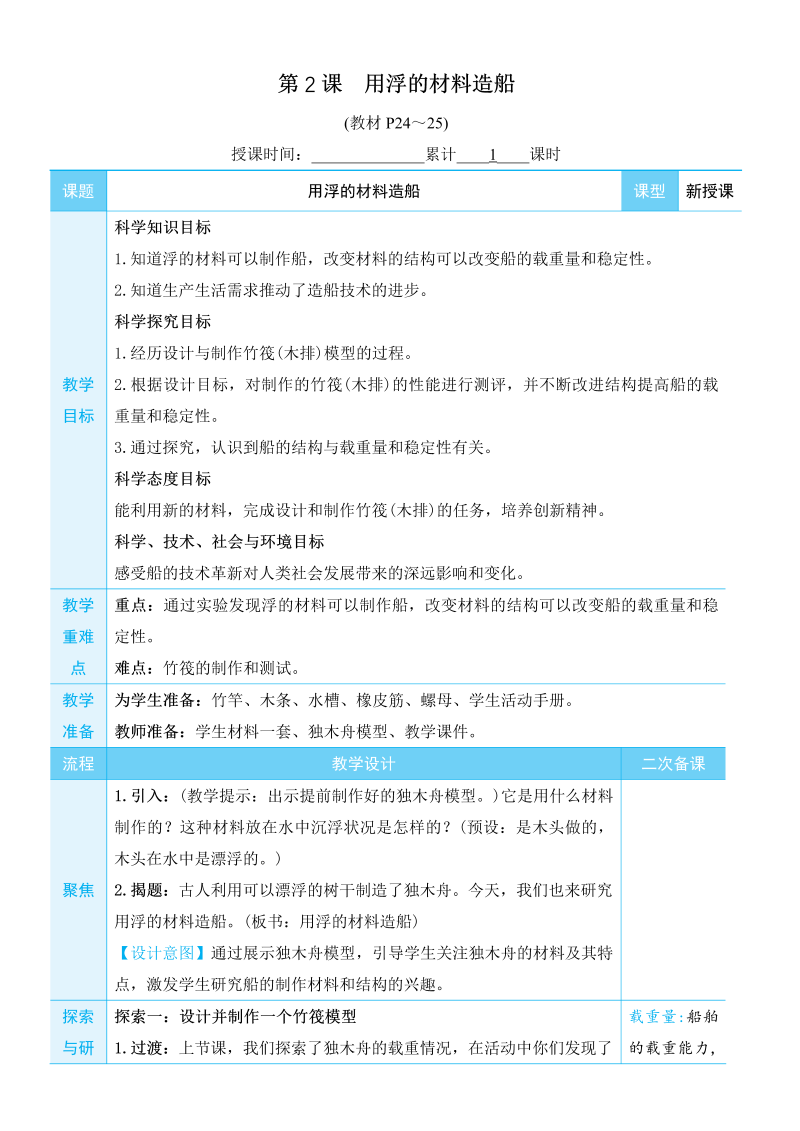 五年级科学上船的研究第2课 用浮的材料造船