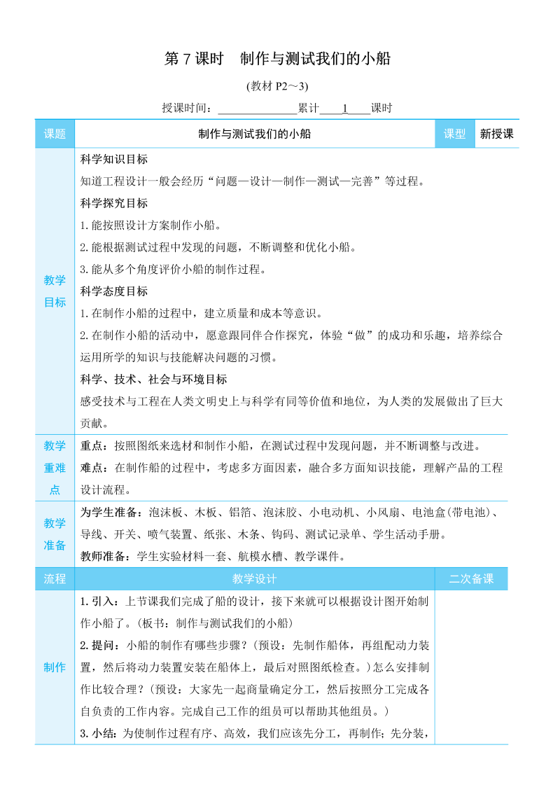 五年级科学上船的研究第7课 制作与测试我们的小船