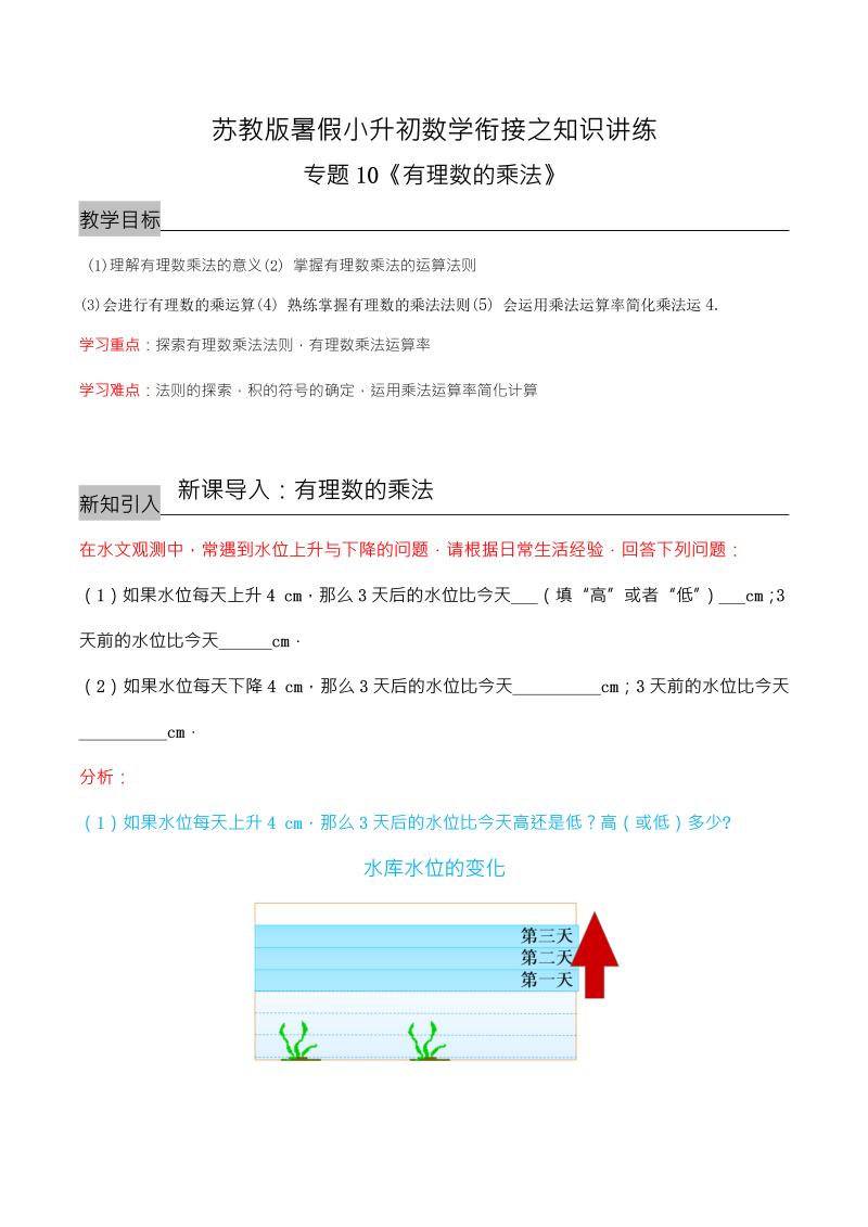 专题10《有理数的乘法》—暑假小升初数学衔接之知识讲练（原卷版）苏教版