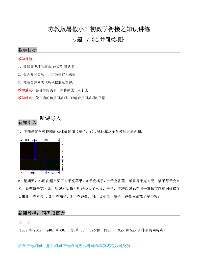 专题17《合并同类项》—暑假小升初数学衔接之知识讲练（解析版）苏教版