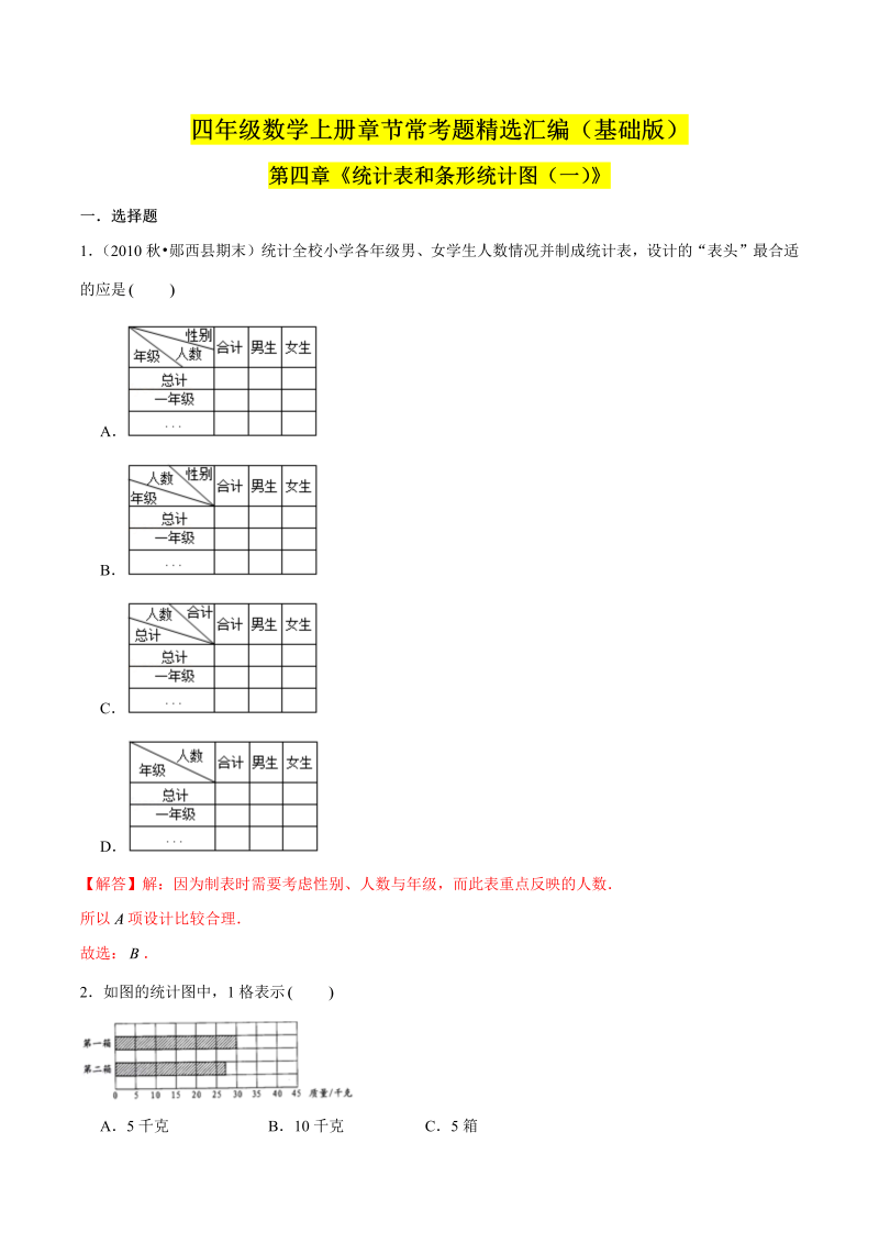 （基础版）第四章《统计表和条形统计图（一）》单元培优拔高测评卷（解析版）