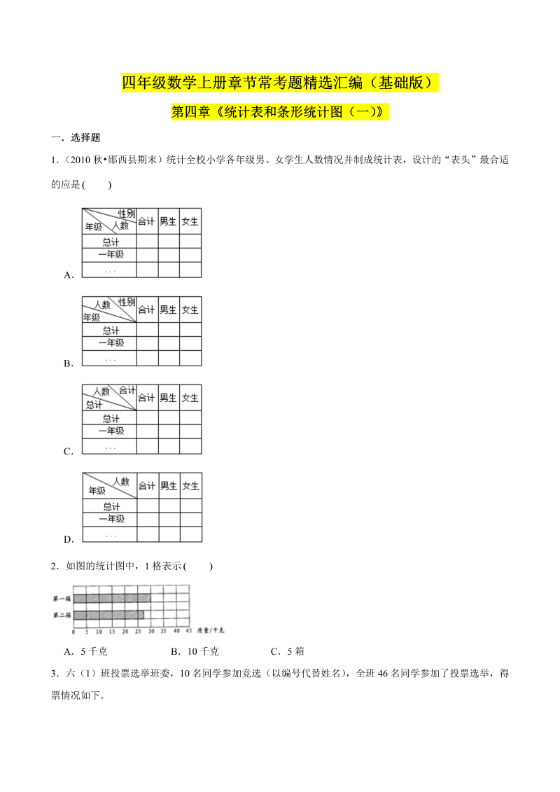 （基础版）第四章《统计表和条形统计图（一）》单元培优拔高测评卷（原卷版）