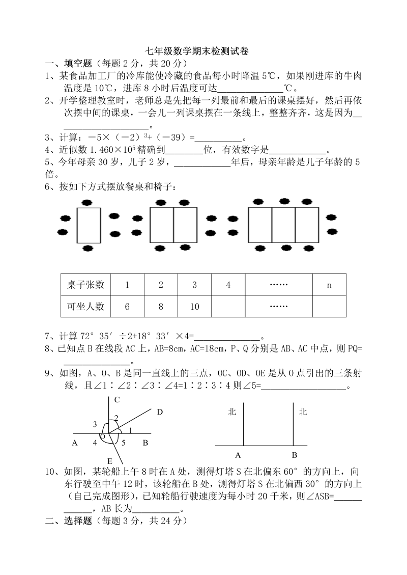 七年级数学《期末考试》练习试卷20