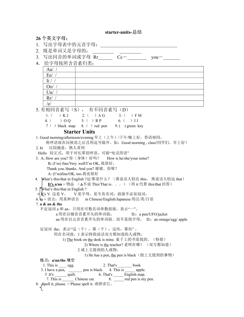 七年级英语《Starter》知识点总结教学设计教案6