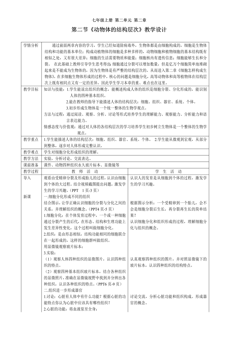 七年级《动物体的结构层次》教案教学设计(新生物)