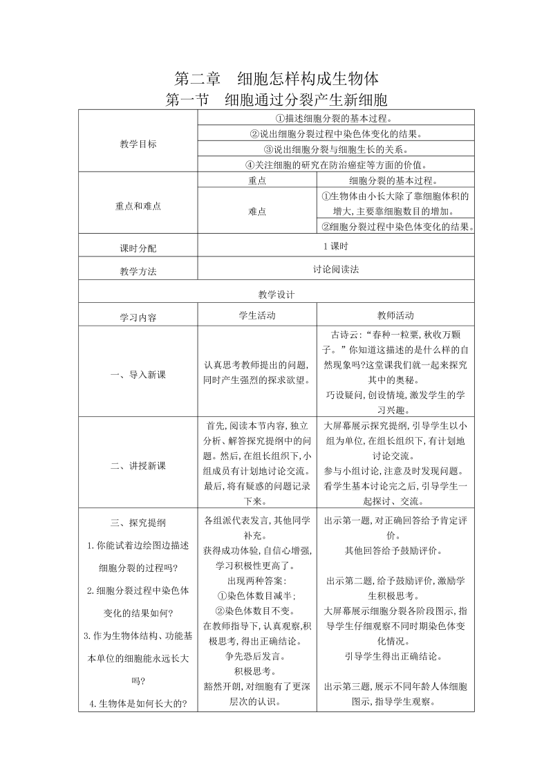 七年级生物精品《第二章：细胞怎样构成生物体》教案教学设计