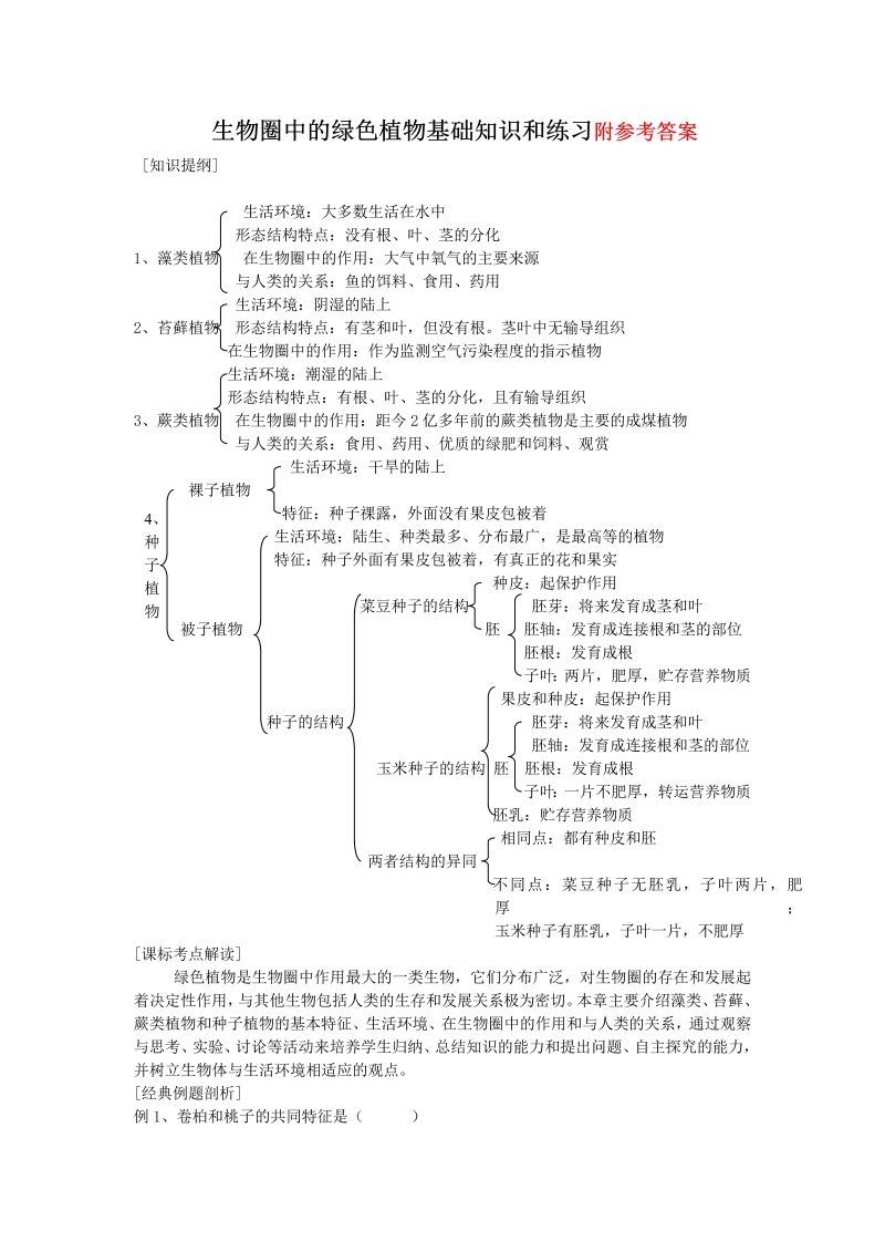 七年级《第三单元：生物圈中的绿色植物附参考答案》练习试卷