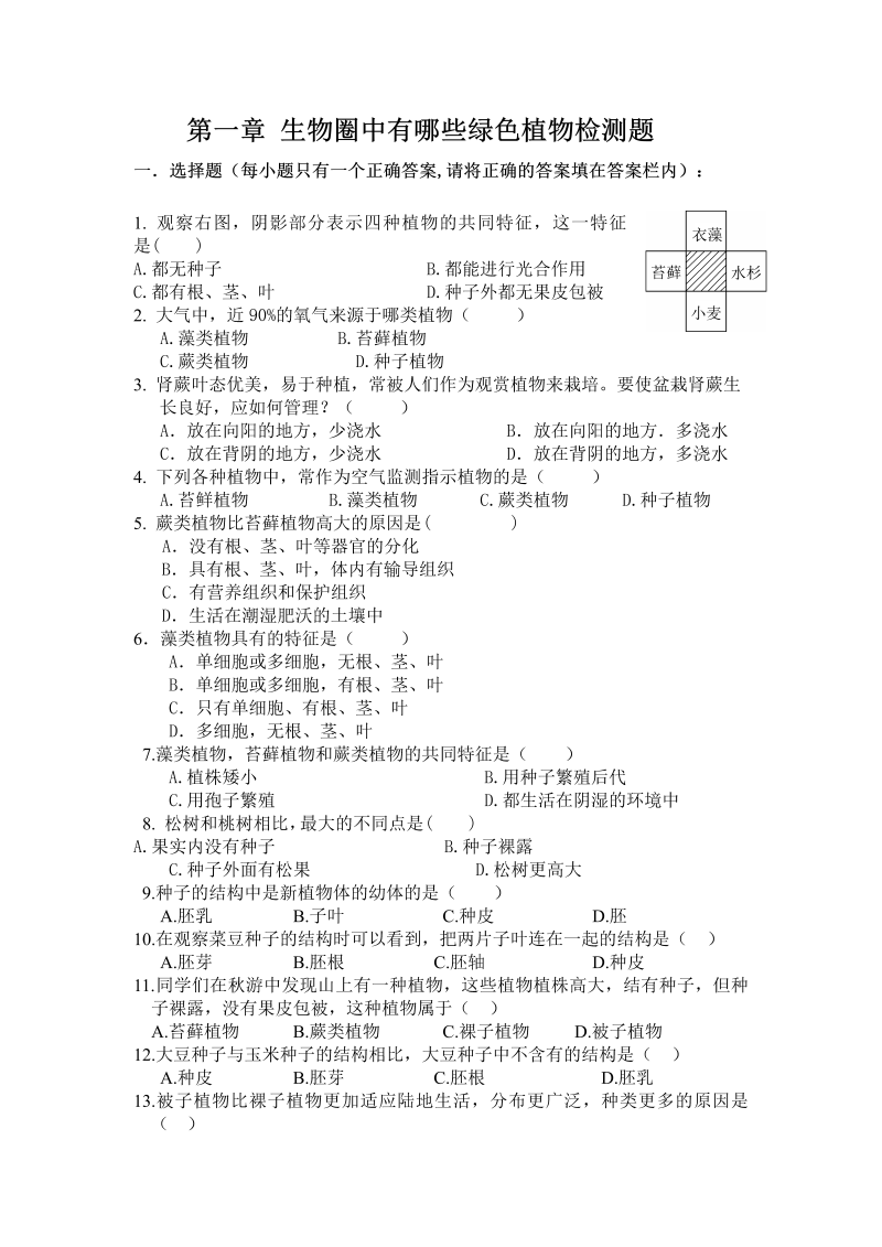 七年级生物《生物圈中的绿色植物附参考答案》测试题目