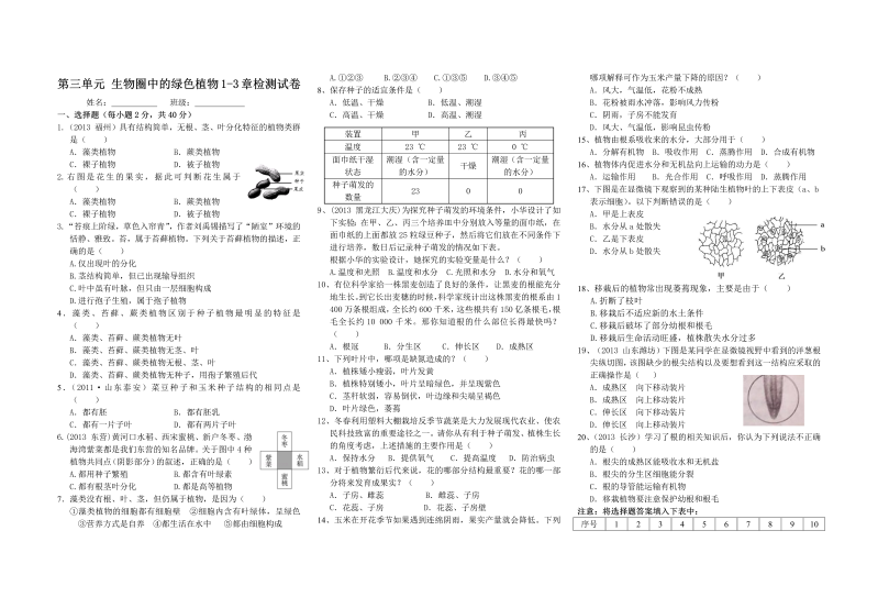 七年级生物《1-3章：生物圈中的绿色植物》试题