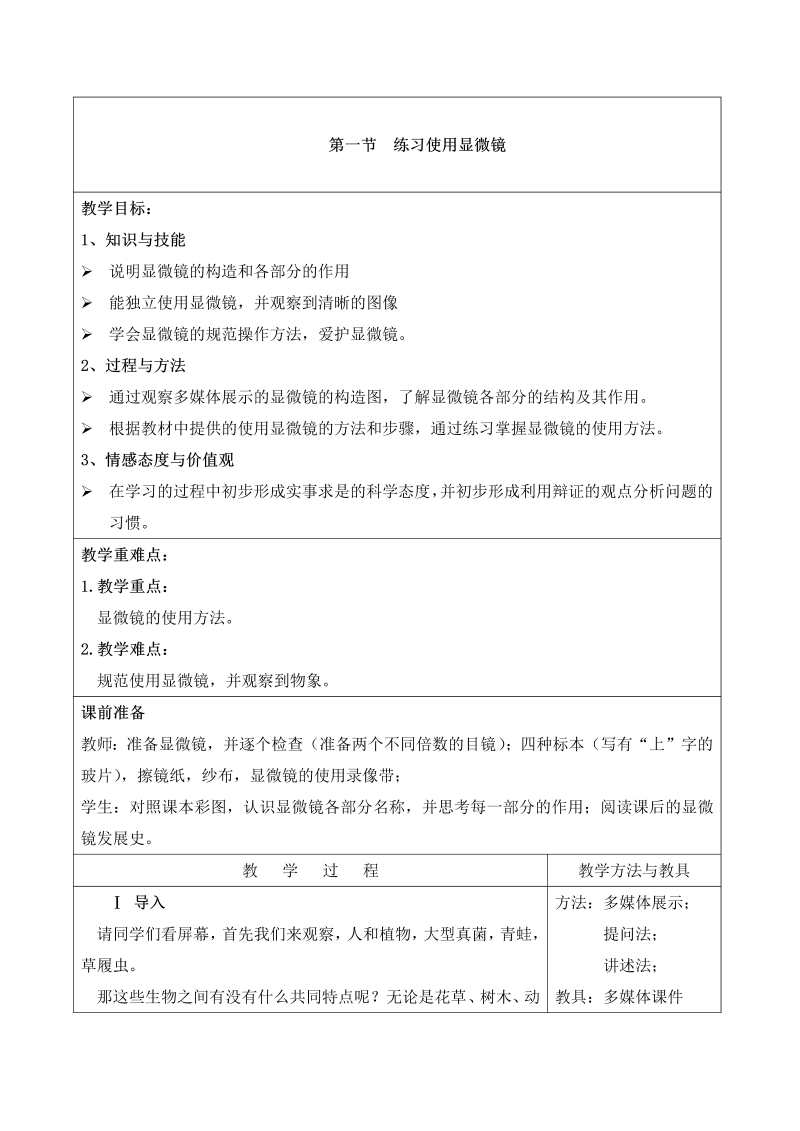 七年级生物优质课《练习使用显微镜》教案教学模板