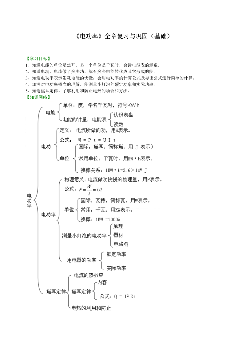 初中物理 九年级全册 39《电功率》全章复习与巩固（基础） 知识讲解 (1)