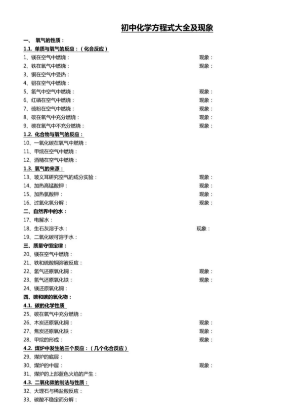 【初中化学】常考方程式+现象(填空版)！快来打印