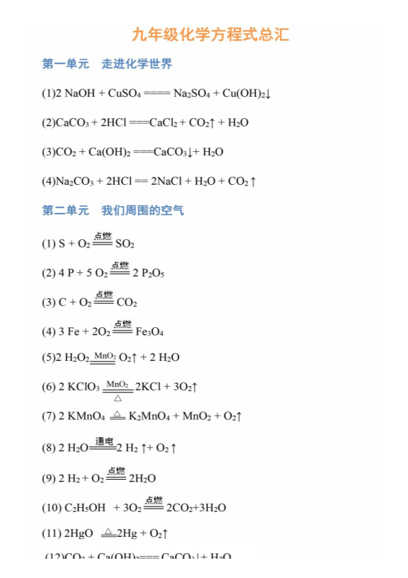 【初中化学】1-12单元化学方程式集合，强烈建议寒假背会默写！