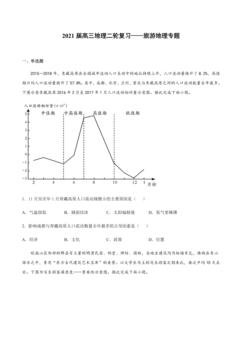 2021届高三地理二轮复习——旅游地理专题（含答案）
