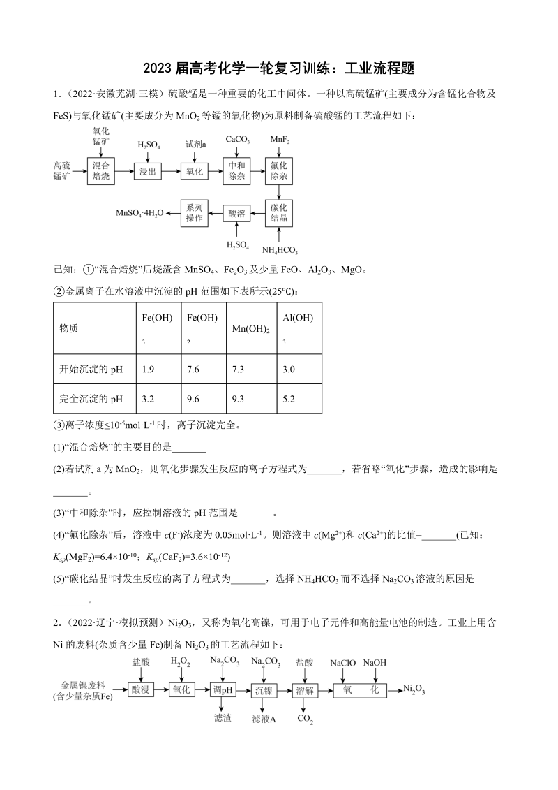 2023届高考化学一轮复习训练：工业流程题（Word含答案）