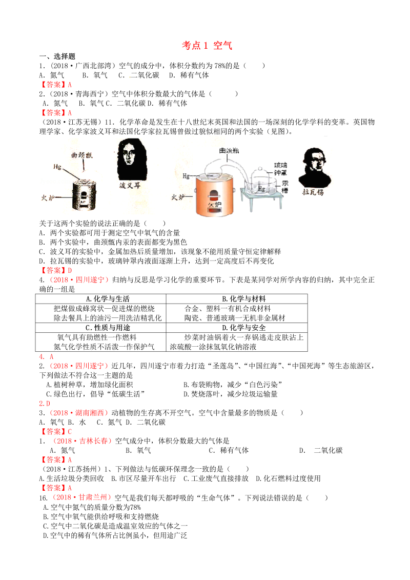 中考化学真题分类汇编：考点1-空气(包括空气成分探究等)(有答案)