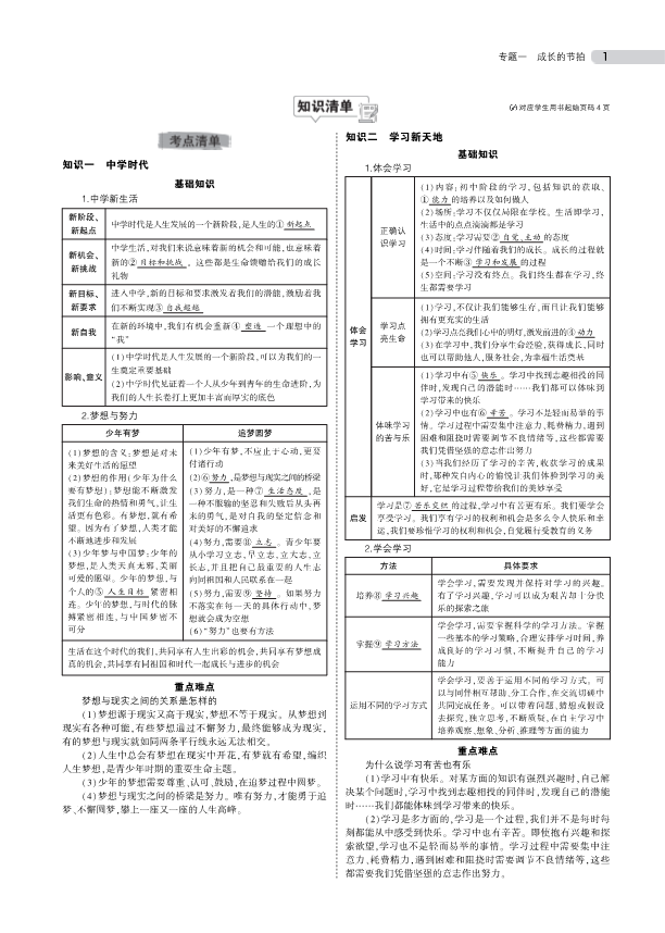 中考道德与法治总复习专题知识要点