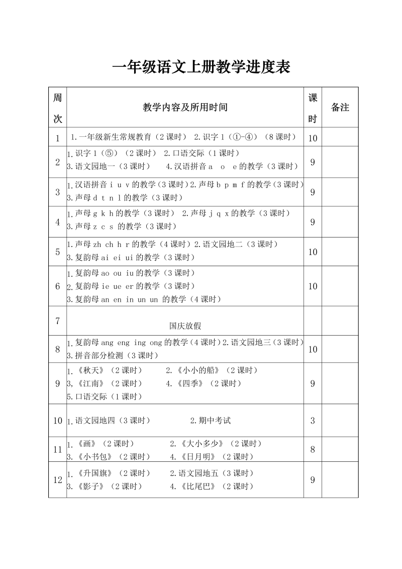 一年级语文上册教学进度表