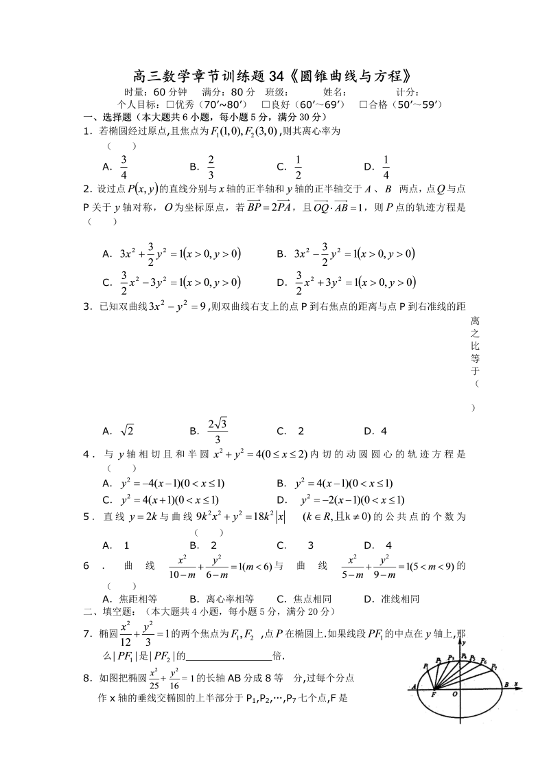 高考数学训练试题：34圆锥曲线与方程