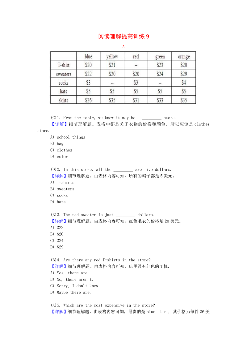 人教PEP小升初英语阅读理解提高训练（9）及解析