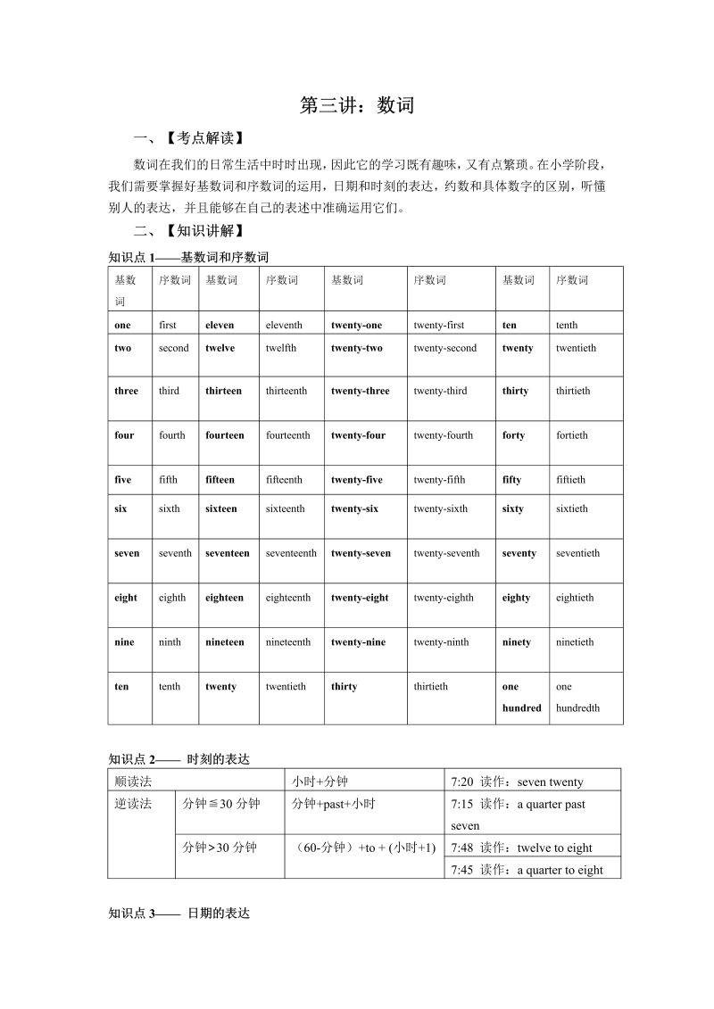 小升初英语复习课程讲义  第三讲：数词（教师版）