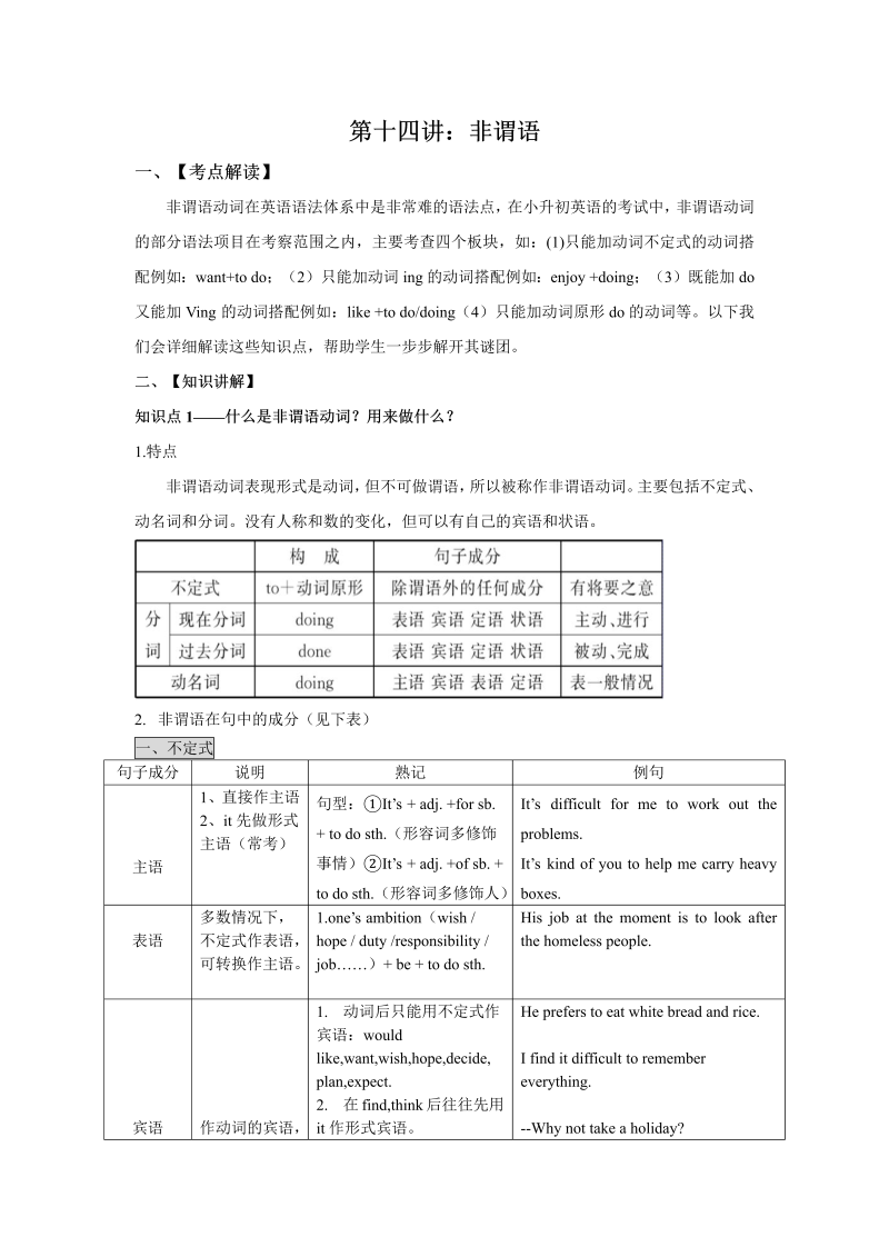 小升初英语复习课程讲义  第十四讲：非谓语（教师版）