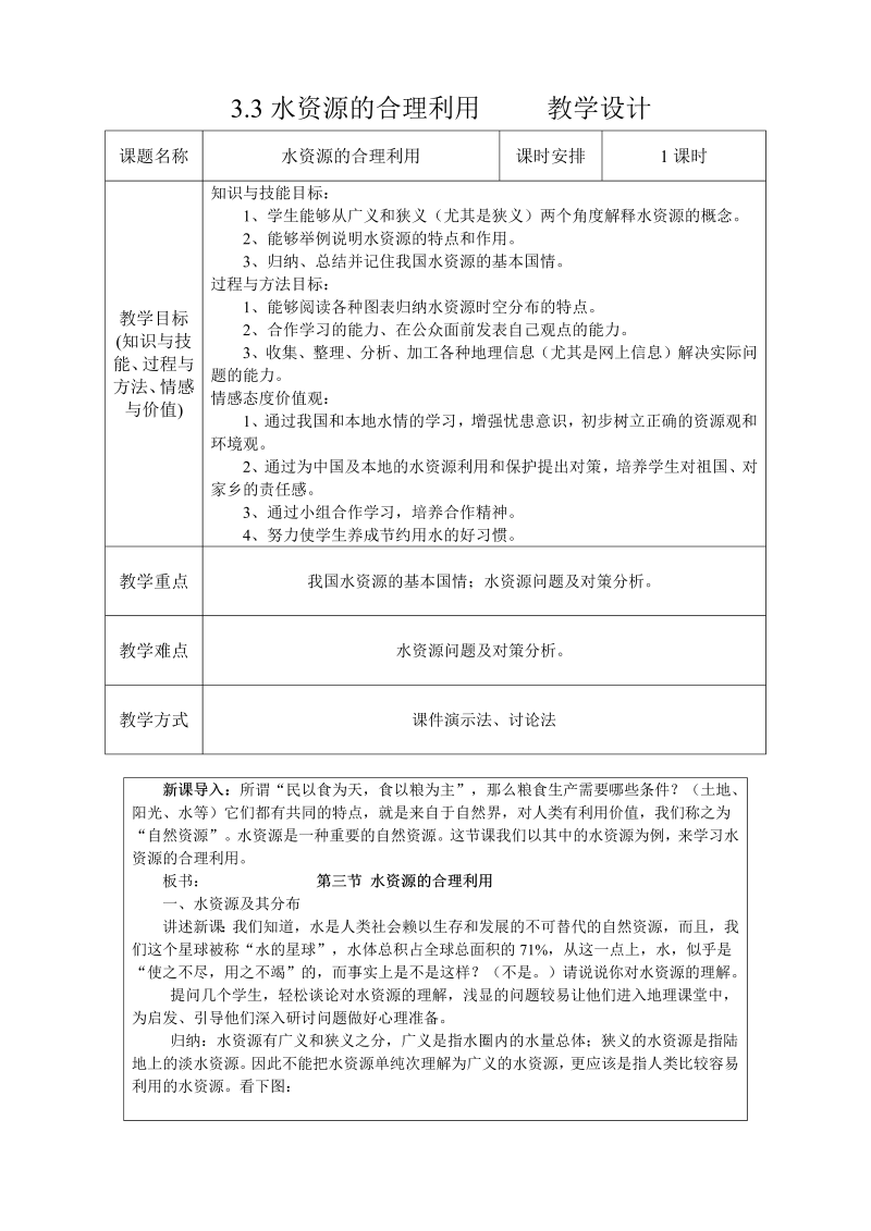 高中地理必修一《第三节　水资源的合理利用》教学设计