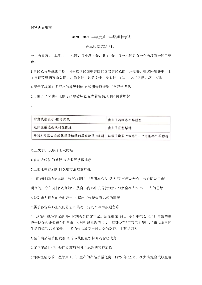 山东省菏泽市2020-2021学年第一学期期末考试高三历史试题（B卷）（word版，含答案）