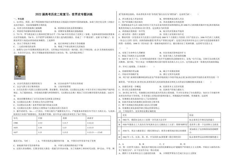 2022届高考历史二轮复习：世界史专题训练(word版含答案）