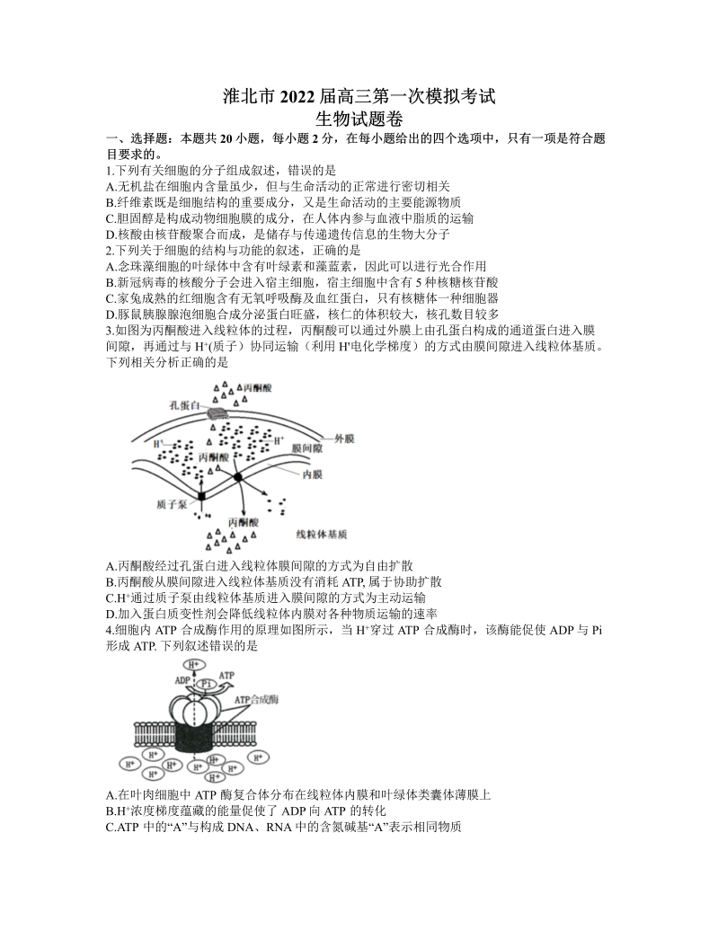 安徽省淮北市2021-2022学年高三第一次模拟考试生物试题 word