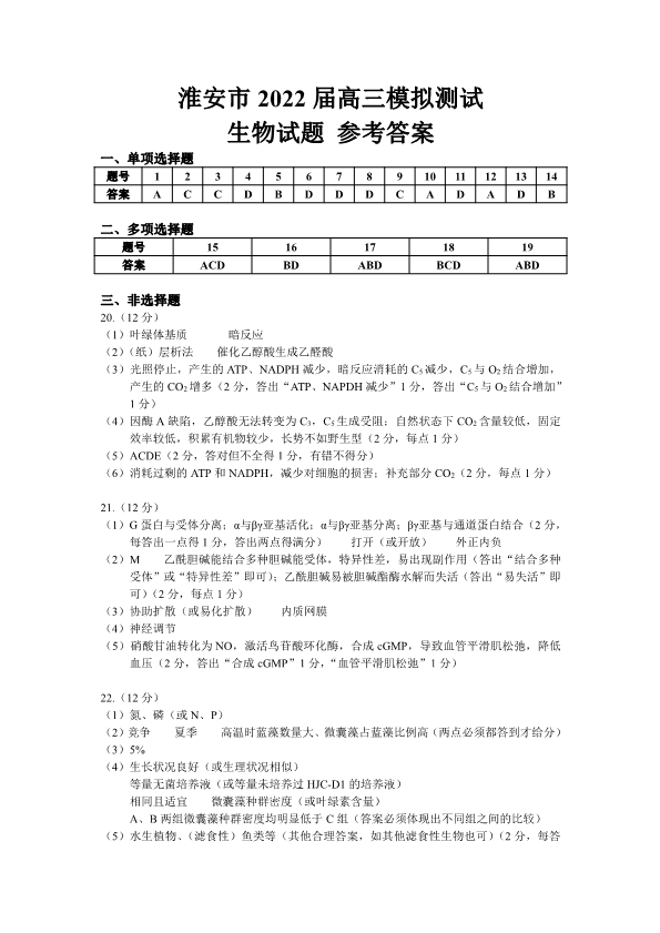 淮安市2022届高三模拟测试 生物 参考答案