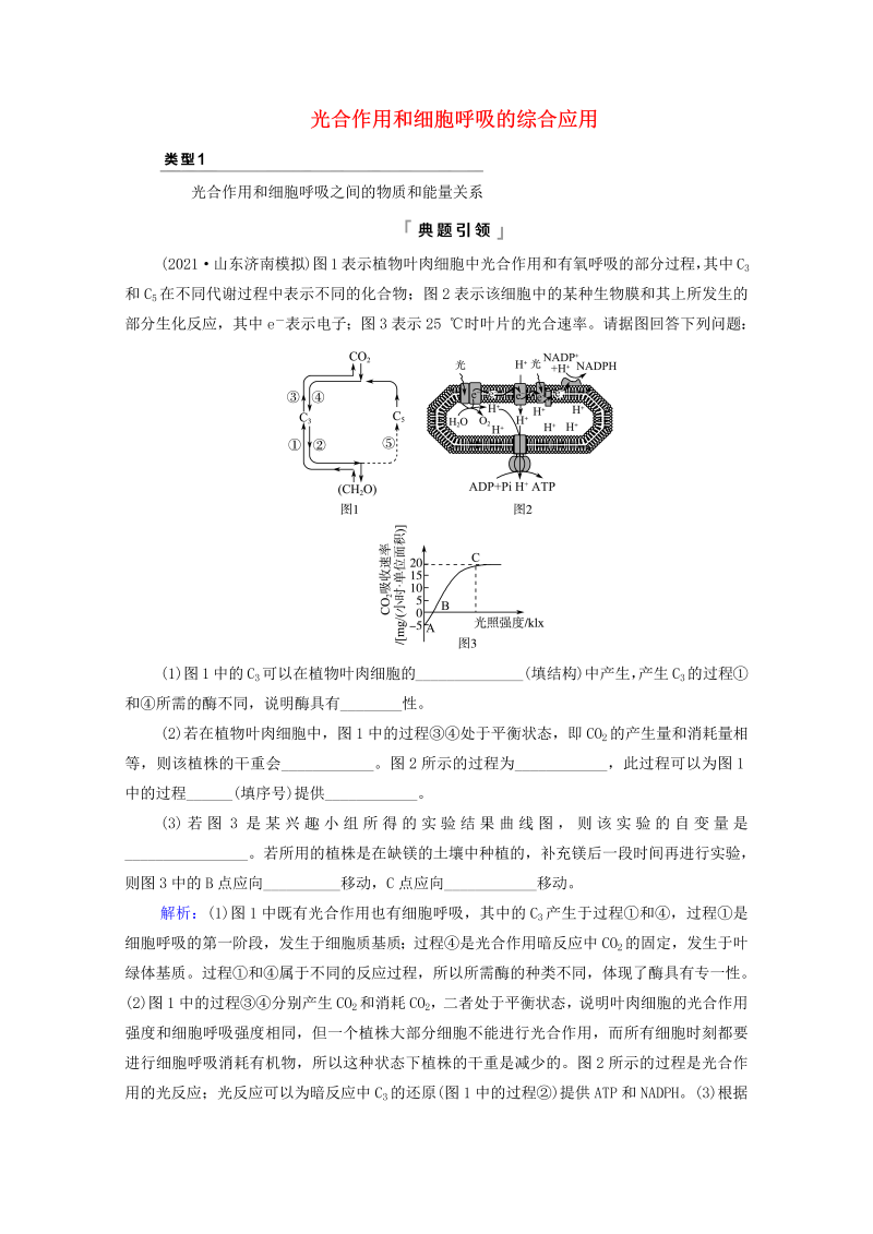 2022版新教材高考生物一轮复习第3单元细胞的能量供应和利用高频考点进阶课2光合作用和细胞呼吸的综合应用学案新人教版