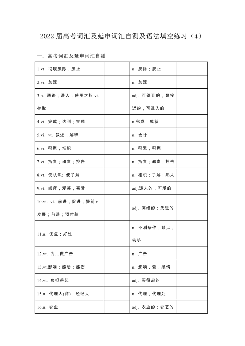 2022届高考词汇及延伸词汇自测及语法填空练习（4）（含答案）