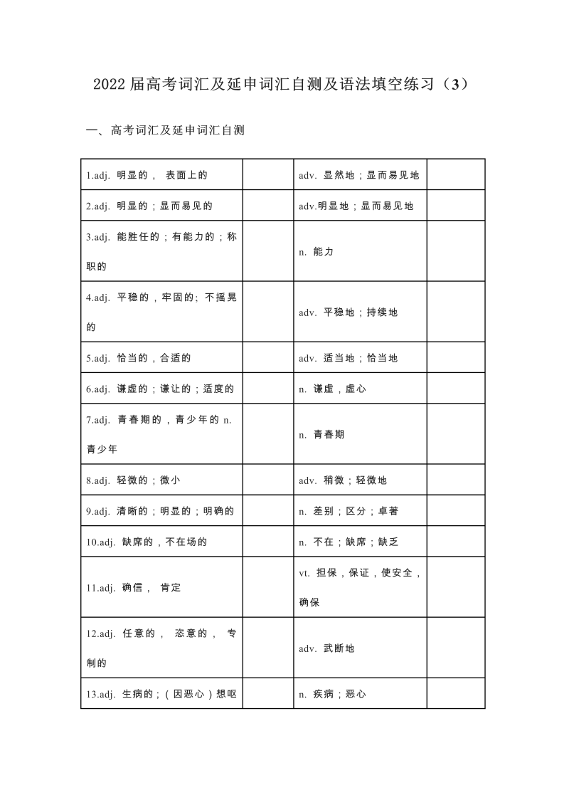 2022届高考词汇及延伸词汇自测及语法填空练习（3）（含答案）