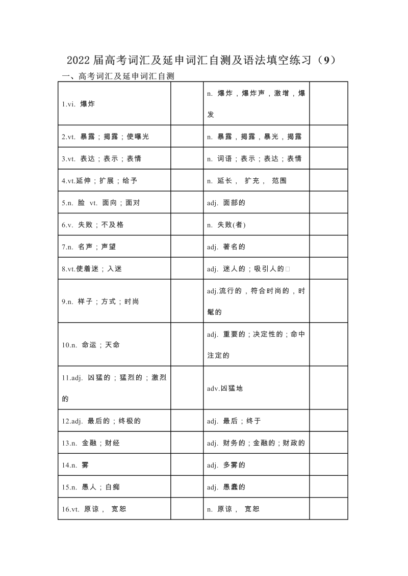 2022届高考词汇及延伸词汇自测及语法填空练习（9）（含答案）