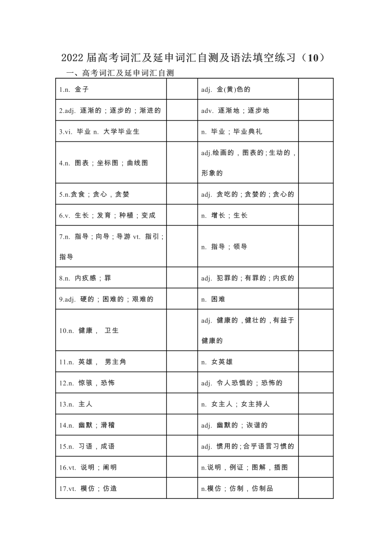 2022届高考词汇及延伸词汇自测及语法填空练习（10）（含答案）