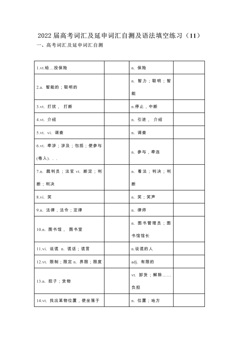 2022届高考词汇及延伸词汇自测及语法填空练习（11）（含答案）