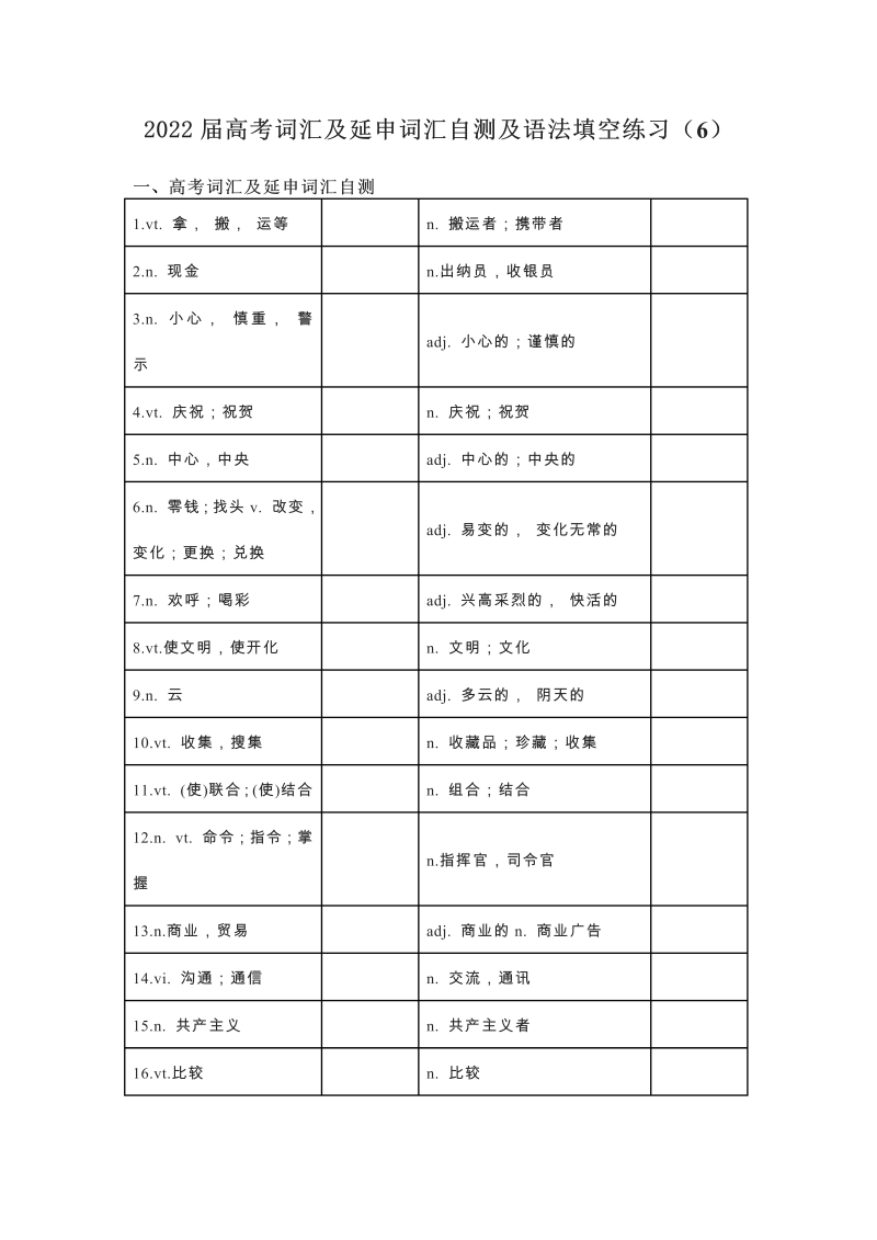 2022届高考词汇及延伸词汇自测及语法填空练习（6）（含答案）