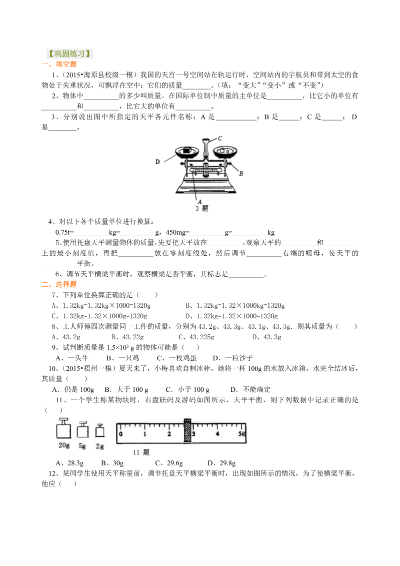 初中物理 八年级上册 45质量 巩固练习 (1)