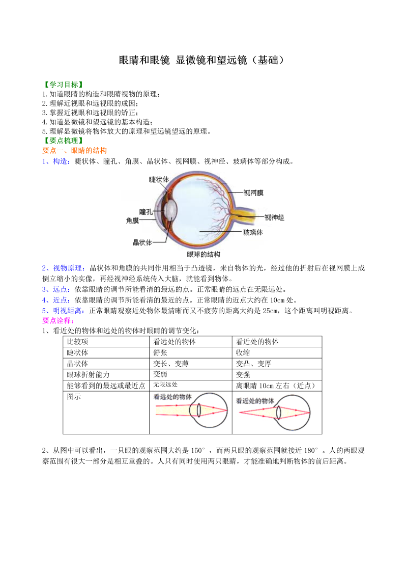 初中物理 八年级上册 41眼睛和眼镜 显微镜和望远镜(基础) 巩固练习 (2)