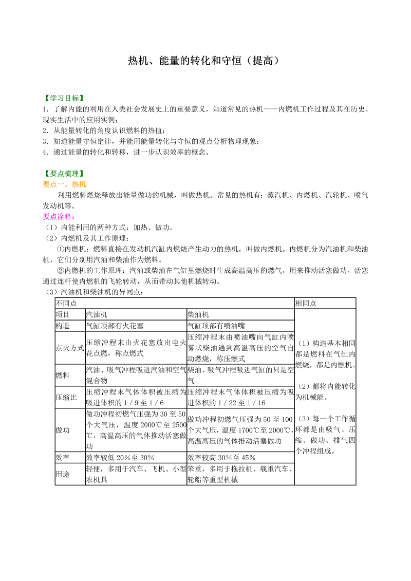 初中物理 初三全册 09热机、能量的转化和守恒（提高）巩固练习 (2)