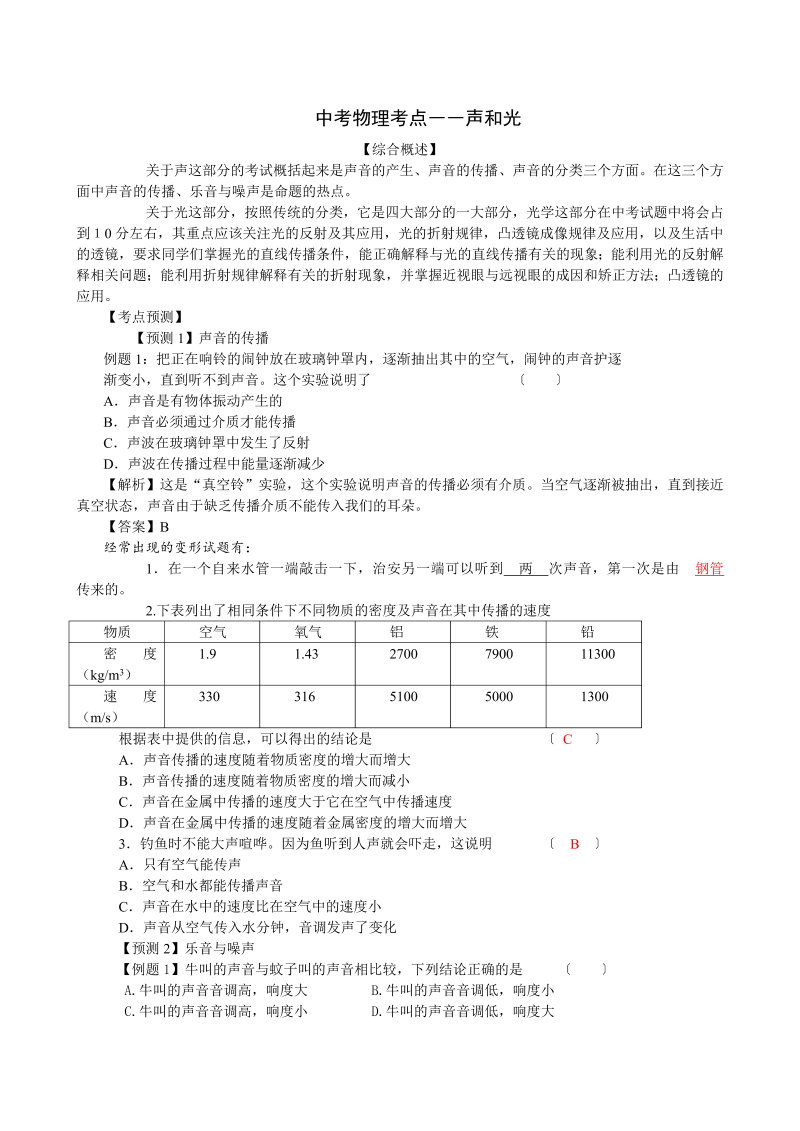 中考物理  考点――声和光