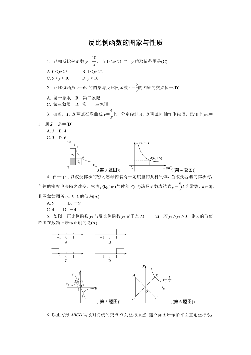 九年级数学下册重点讲解 2016中考数学强化训练--反比例函数的图象与性质