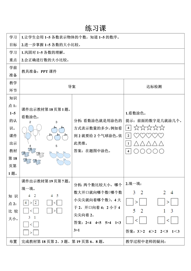 一年级数学上册练习课（第1-2课时）1-5的认识和加减导学案